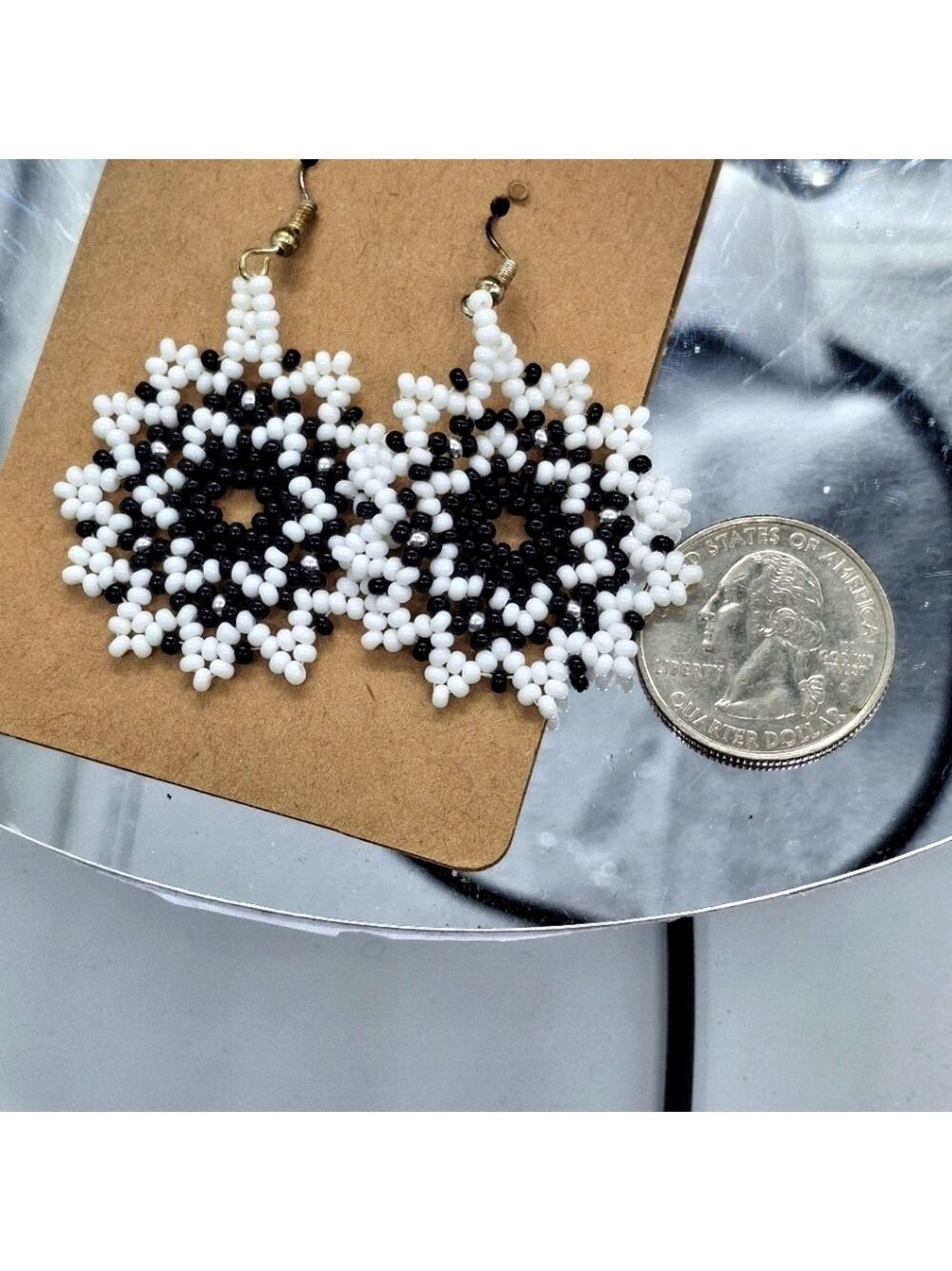 Beaded Starburst dangle earnings black and white